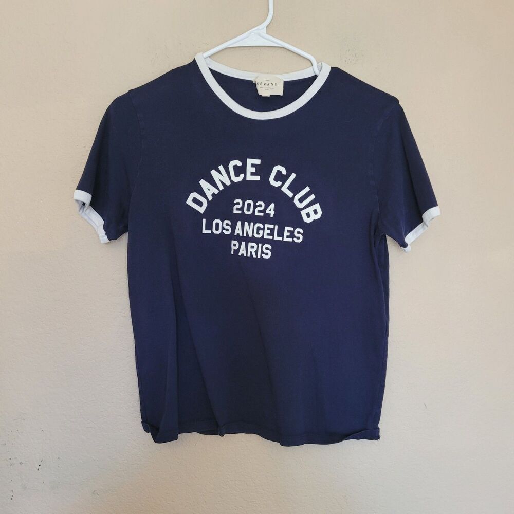 Sezane Graphic T-Shirt Size Xs Dance Club 2024 Navy Blue Ringer Tee French Top